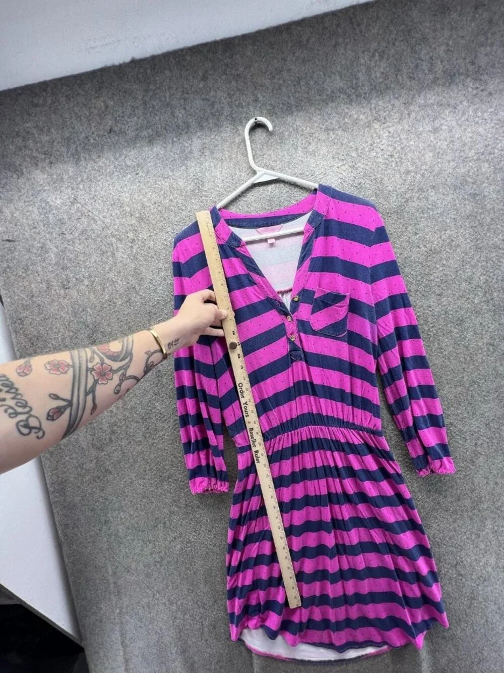 Lilly Pulitzer Dress Womens Small Pink Striped Henley 3/4 Sleeve Fit Flare Short